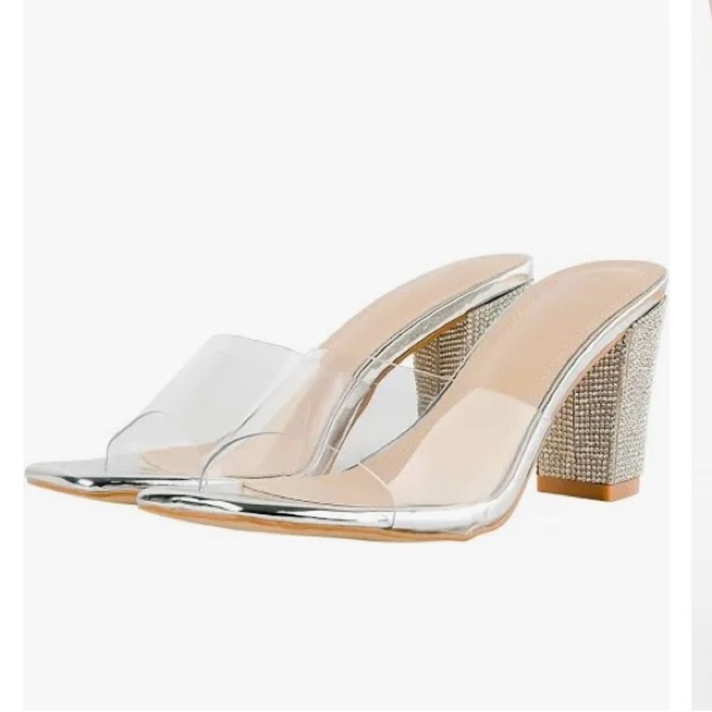 Fioyiml Women's Square Toe Rhinestone Heeled Sandals - Clear/Chunky